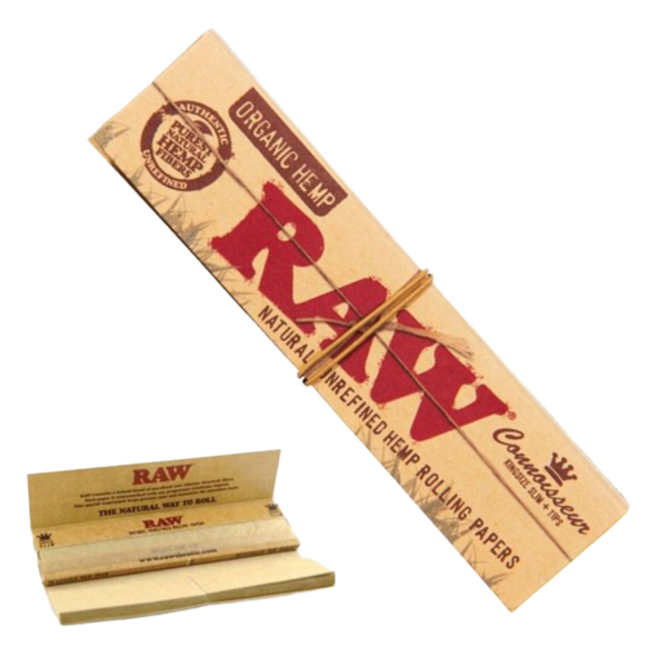 Here is the translation from English to Polish:

**RAW Connoisseur Organiczne Konopie Bibułki i Tipsy**

Notes:
- "RAW" remains as a brand name
- "Connoisseur" is translated as "Koneser" (Polish for connoisseur) — I kept it in the product title as "Connoisseur" since it's a product line name, but the Polish equivalent "Koneser" could also be used
- "Organic Hemp" → "Organiczne Konopie"
- "Rolling Papers" → "Bibułki" (standard Polish term)
- "Tips" → "Tipsy" (commonly used in Polish for rolling paper tips/filters)

If you prefer the fully Polonized version: **RAW Koneser Organiczne Konopie Bibułki i Tipsy**

There were no HTML tags, formatting, or placeholders in the source text to preserve.